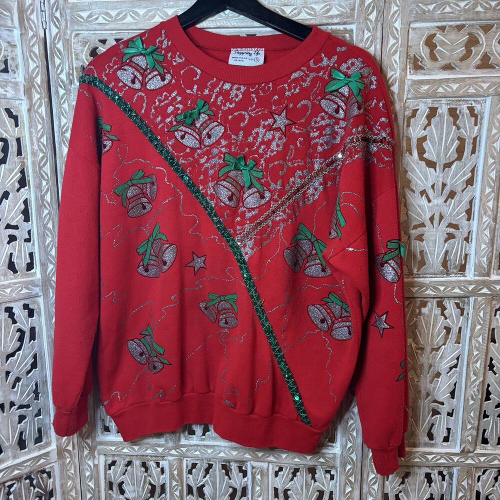 Vintage 80s Jingle Bells Glitter Sequins Christmas Sweatshirt Red Pullover Art S